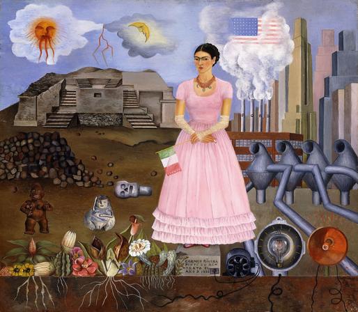 From Byron’s Muse on WordPress: “In the middle of the painting is the twenty-five year old Frida dressed in a pretty pink gown and white mittens. A cigarette in one hand and a Mexican flag in the other. On the left is an idealised landscape of Mexico… On the left is a world led by the forces of nature, the power of sun, rain and soil. The fertile soil which gives birth to vibrant flowers and cactuses, their roots are deep and hard to pull out, just as Frida’s art was deeply rooted in the traditions of her homeland. Ruins of a temple and statues of ancient Gods represent the pre-Columbian Mexico. The sun and the moon represent the ancient gods of Mexico; Quetzalcoatl and Tezcatlipoca. On the right is the industrial landscape; skyscrapers and tall factory chimneys; their smoke is slightly obscuring the flag of the United States and there are no clouds on the sky, the dirty chimney smoke has concealed them all. The word Ford is written on the four factory chimneys. There is an obvious contrast between the natural and artificial in the manner in which the buildings were made, ancient temples, although made by humans, were made from natural material, and are therefore still connected to the earth and nature.”