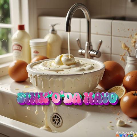 This image is a hyper-realistic depiction of a sink filled with mayonnaise, featuring thick globs and splatters, set against a soft, warm pastel-colored kitchen background. The caption reads, “Sink’o’da Mayo”. Created by Chris Grey on May 5, 2025 using the Boltning XL v1 Lightning AI image generator model.