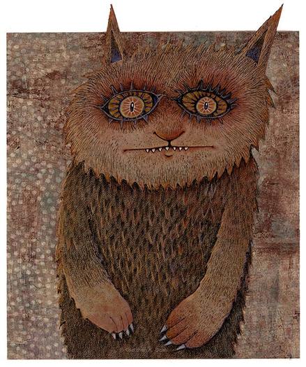 Textured colors of spotted, mottled brown and orange. An ink drawing of a cat/bear-like creature stares with distress and wonder outward. It has a  small nose and a long thin mouth with seven sharp protruding teeth.  It clawed arms hang protectively in front of it. NOTE: This description created especially for my lovely blind friend, Georgiana. :-)