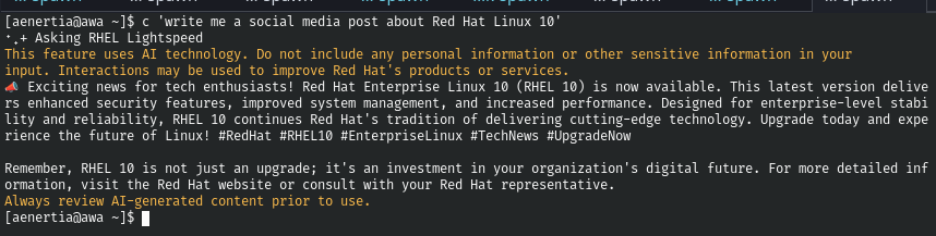 RHEL Lightspeed Command line assistant (c) being asked to write a quite social media post about rhel 10 release from a terminal shell session.