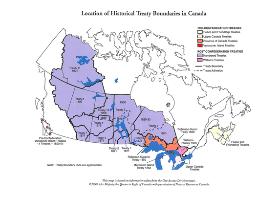 Map of Canada labelled Location of historical treaty boundaries in Canada.  It shows most of the country with numbered treaties. Agreements between First Nations and the Crown that predate most provinces.