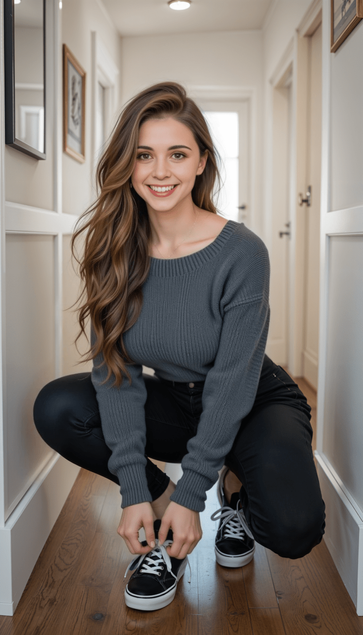 Young woman with long brown hair smiling while tying shoelaces in a bright hallway, wearing a gray sweater and black jeans.