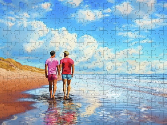 Jigsaw puzzle that shows digital art depicting two men standing on a beach together holding hands. Reflections in the shallow water on the beach behind them.