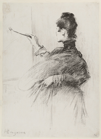 A Victorian-era lithograph. A woman, with her face turned away, holds a painter's palette in her left hand, and with her right holds a brush up to a canvas. Her hair is gathered in a bun on top of her head, and she wears a high-necked dress.
