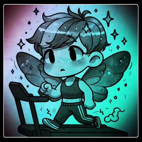 The image features a cartoon-style illustration of a young Pixy with fairy-like wings, running on a treadmill. The Pixy has short, dark hair and large, expressive eyes, with a slightly concerned expression on his face. He is wearing a black tank top and dark athletic pants with white stripes, and he is running with a determined stride. Their wings are large and detailed, with a starry texture, and they are spread out behind him. The background is a gradient of blue and purple hues, with sparkles and small stars scattered around, adding a magical and whimsical feel to the scene. The treadmill is depicted in a simple, black outline, and the boy's feet are in motion, suggesting movement. The overall color palette is monochromatic, with shades of blue and black, creating a cohesive and visually striking image.

Provided by @altbot, generated privately and locally using Ovis2-8B
Edited by Pixy 

🌱 Energy used: 0.182 Wh