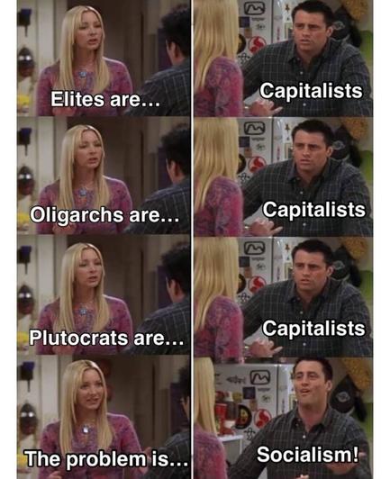 Person 1: Elites are...?
Person 2: Capitalists!

Person 1: Oligarchs are...?
Person 2: Capitalists!

Person 1: Patriarchs are...?
Person 2: Capitalists!

Person 1: The problem is...?
Person 2: Socialism!