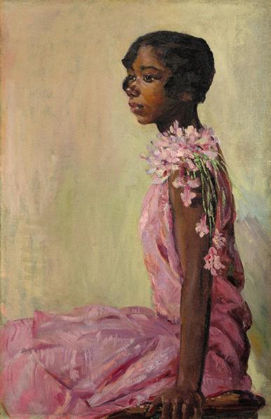 A young black woman, seated, short wavy hair, face in 3/4 view. She wears a pink sleeveless dress with a flowery accent at the shoulder.