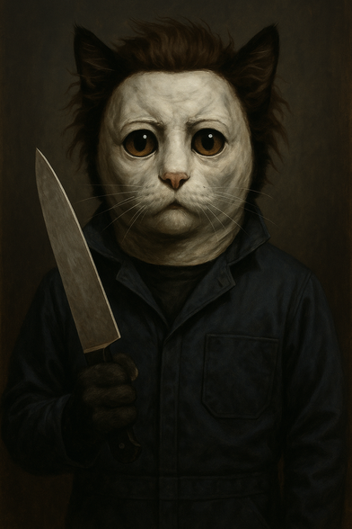 A cat with large, round, haunting eyes stands upright in the center of the frame, wearing a dark blue mechanic-style jumpsuit. Its face is pale, emotionless, and unnervingly humanlike, resembling the iconic Michael Myers mask from the Halloween films. The fur around its head is wild and unkempt, and it grips a large, shiny kitchen knife in one gloved paw, holding it at an angle across its chest.

The lighting is dim and moody, casting deep shadows and creating a tense, cinematic atmosphere. The muted colors and realistic texture give the image a painted, almost classical horror portrait feel—eerily detailed and surreal.

This AI-generated artwork mashes together the unsettling slasher aesthetic of Michael Myers with the soft, round features of a cat, creating something simultaneously absurd and chilling—like a feline horror icon in the making.
