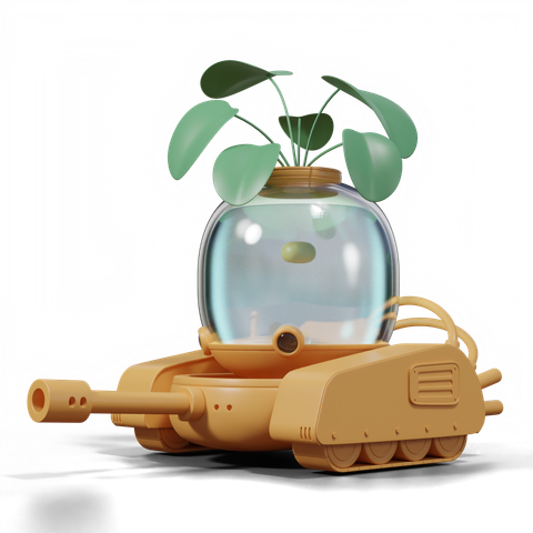 3D model of a stylized war tank with a glass bowl full of water and some plants on top. A "fish tank". The model isn't done so the textures are simple and there's only a little sphere inside the glass bowl where there should be fish and underwater plants, like a fish tank.