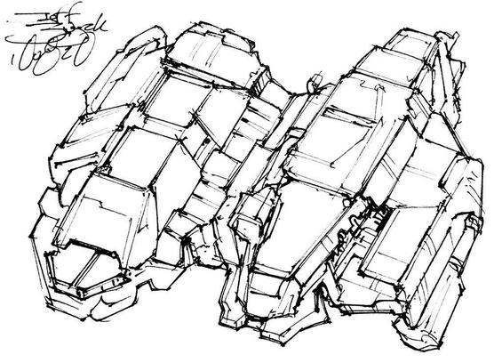 Black and white line art sketch of an imaginative sci fi spaceship. Each one is very different.