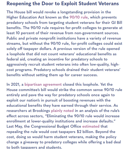 Text discussing the implications of a House bill that seeks to repeal the 90/10 rule, which protects student veterans from predatory for-profit schools. The article outlines concerns that removing this rule would allow such schools to exploit veterans' educational benefits, potentially…