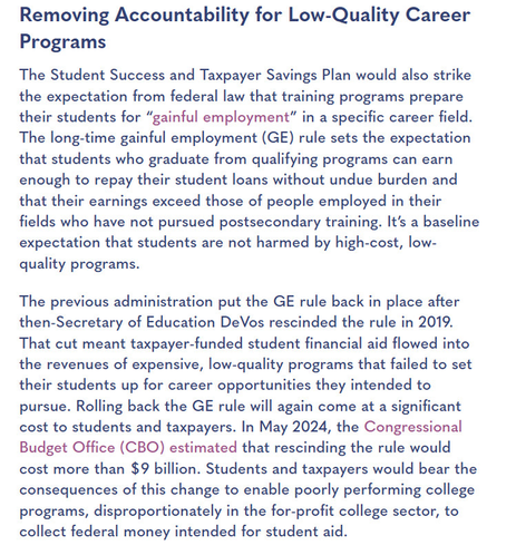 Text discussing the removal of accountability standards for low-quality career training programs, focusing on the implications of the "gainful employment" rule and its impact on students and taxpayers. Highlights include the financial costs associated with rescinding the rule and the potential harm to…