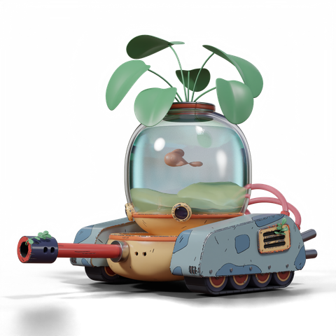 A 3D stylized war tank with a water bowl on top and a fish in it. It also has some plants sticking out. It has bright colors (yellow and orange), and the sides are grey.