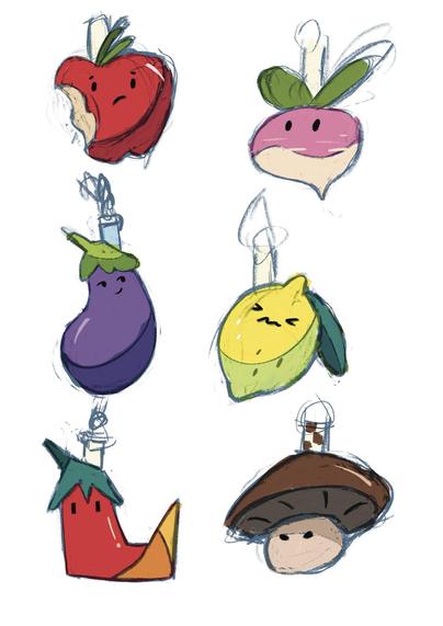 Six sketches of futur fruits and vegetable-themed bag charms. There is a red apple that's had a piece bitten off; a turnip! a saucy eggplant; a sour yellow and green lemon; a hot pepper with a red-orange-yellow gradient; and a brown mushroom that looks vaguely angry.