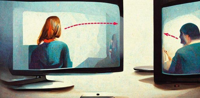 An illustration of two computer screens showing two workshop participants communicating with each other.