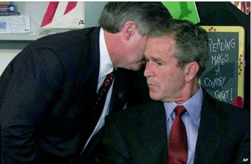 President George W Bush was famously filmed being told of the 9/11 terror attacks while listening to children read at Booker Elementary School in Sarasota, Florida.
