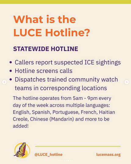 What is the LUCE Hotline?

STATEWIDE HOTLINE

Callers report suspected ICE sightings
Hotline screens calls 
Dispatches trained community watch teams in corresponding locations

The hotline operates from 5am - 9pm every day of the week across multiple languages: English, Spanish, Portuguese, French, Haitian Creole, Chinese (Mandarin) and more to be added!

@LUCE_hotline
lucemass.org
The LUCE logo, an orange, maroon, and yellow butterfly in a yellow circle, is in the lower left-hand corner of the image.