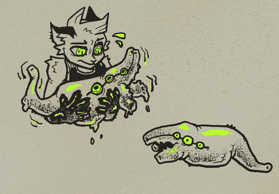 A sketch of an anthro character wrangling a weird flesh beast with in their arms. The beast is distressed..