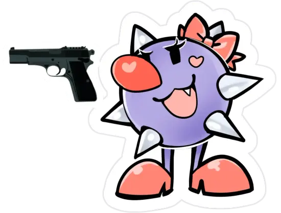 A cartoon drawing of a lavendar spike ball girl, Zelda. She is influenced by Tap-Taps from Yoshi's Island. She has a cute bow and silly expression, and she is holding a gun.