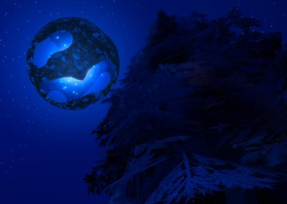 Photo of a hollow planet with holes in it, seen from another planet on which can be seen a tree. The planet observed has a lit core. The sky is starry.