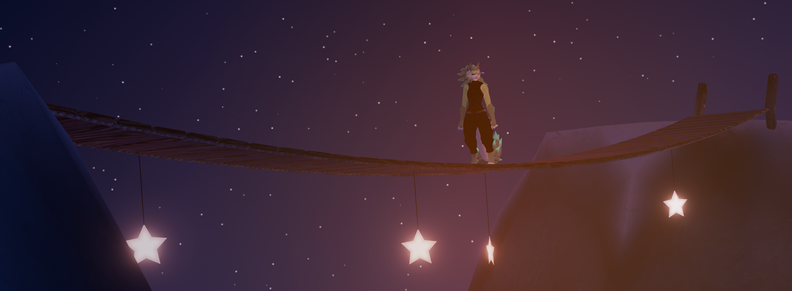 Photo of Ao the Solarbeast (eastern dragon with big mane and pink crystal on left ear) walking on a wooded bridge. The sky is starry at night. Some stars are hanging on the bridge and lit.