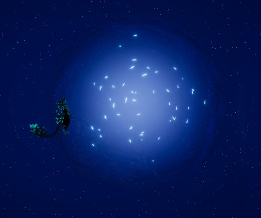 Photo of Ao the Solarbeast (eastern dragon with big mane and pink crystal on left ear) seen floating around a water-ish planet. Some light can be seen from inside the water of the planet.