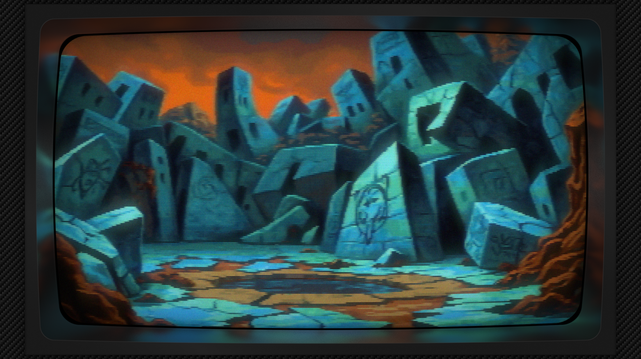 Pixel art of a world sculpted from fractured jade, where colossal stone teeth gnaw at a sky bleeding ochre and crimson, their surfaces a palimpsest of forgotten tongues etched deep into the rock. Polygonal tiles, the color of deep sea moss, form a ground plane fractured like a shattered mirror, cradling a still pool reflecting the fiery heavens, a dark eye staring back at the ruins. Towering structures rise as broken monuments to a vanished civilization, their forms echoing the jagged peaks that claw at the horizon, each block a silent verse in a language of stone, a petrified forest of forgotten prayers, their shadows pooling like spilled ink across the uneven ground, a landscape breathing with the weight of ages, a silent symphony of broken grandeur. The image has a CRT filter applied.