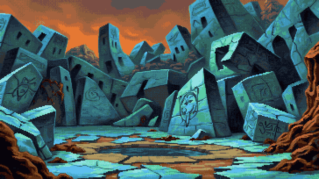 Pixel art of a world sculpted from fractured jade, where colossal stone teeth gnaw at a sky bleeding ochre and crimson, their surfaces a palimpsest of forgotten tongues etched deep into the rock. Polygonal tiles, the color of deep sea moss, form a ground plane fractured like a shattered mirror, cradling a still pool reflecting the fiery heavens, a dark eye staring back at the ruins. Towering structures rise as broken monuments to a vanished civilization, their forms echoing the jagged peaks that claw at the horizon, each block a silent verse in a language of stone, a petrified forest of forgotten prayers, their shadows pooling like spilled ink across the uneven ground, a landscape breathing with the weight of ages, a silent symphony of broken grandeur.