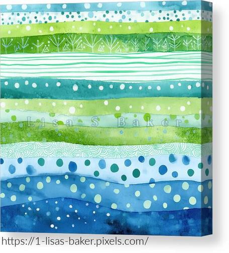 A watercolor art print of fun stripes and dots in blue and green to create a fun abstract art piece. Art by Lisa S Baker.
