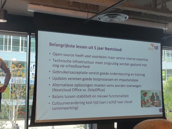 "Belangrijkste lessen uit 5 jaar Nextcloud" which translates to "Most important lessons from 5 years of Nextcloud." 

- Open-source has many benefits but requires internal expertise.
- Technical infrastructure must be carefully planned with scalability in mind.
- User acceptance requires good support and training.
- Updates require good testing processes and impact analysis.
- Alternative solutions may need to be considered (Nextcloud Office vs. OnlyOffice).
- Balancing stability and new functionality is important.
- Cultural change takes time (from J-drive to cloud collaboration

Provided by @altbot, generated privately and locally using Ovis2-8B (adapted by Erik)

🌱 Energy used: 0.952 Wh