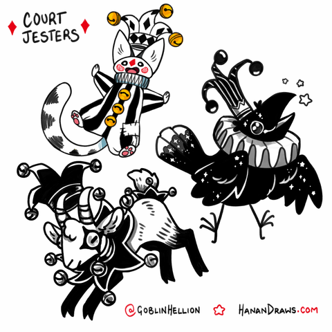 A set of digital illustrations, titled "Court Jesters". One is cat, in a stripey suit with a jingly jester hat, they look like they've been joyously thrown through the air. Another is a goat, in a flouncy jingly bell collar with matching hat, hopping forwards. Lastly is a crow covered in stars, wearing a ruffled collar and a jingly jester hat.
