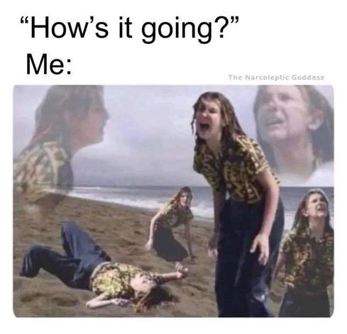 "how's it going?"
Me:
[a lot of different versions of the woman crying and screaming on the beach]