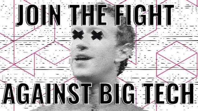 A photo of Mark Zuckerberg glitching out with black tape over his eyes, a geometric pattern behind him, and the words "Join the fight against big tech".