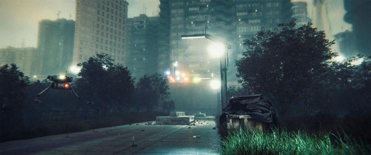 Wide shot, exterior, night -

A city park in Reznarian-controlled Russia.  The grass has grown wild and unkempt, and random trash is strewn around the paths.  City buildings and lights can be seen beyond the wall that borders the park.  A flying robot patrols the area.