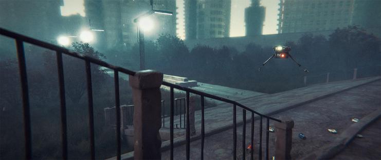 Wide shot, exterior, night -

A city park in Reznarian-controlled Russia.  The grass has grown wild and unkempt, and random trash is strewn around the paths.  City buildings and lights can be seen beyond the wall that borders the park.  A flying robot patrols the area.