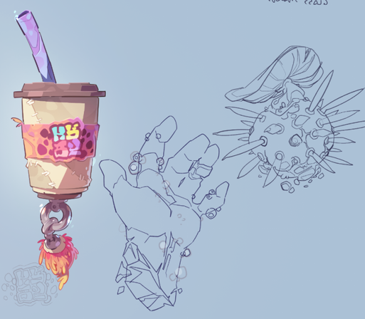 Drawings of a coffee cup, a stone hand, and a cactus mushroom hybrid.