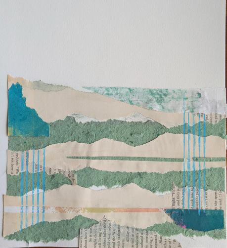 A striped paper collage, along the bottom of a page, in blues, greens, and off-white. Some teal pencil marks add vertical stripes across the paper on the left and right.