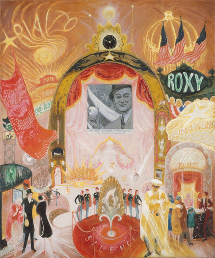 A modern painting. In the center of the canvas, dominated by reds and golds, we have a screen showing newsreel footage of New York Mayor Jimmy Walker throwing the first pitch of the baseball season. It's in a golden arch of a theater proscenium, with a clock at the top and various classical decorations around it. Around it in the upper half of the canvas float neon signs of assorted Broadway theaters, like the Strand, the Rialto, and the Roxy. In the lower half we see people arriving at a theater, people at a ticket window, a row of ushers, and a sign that reads "Silence."