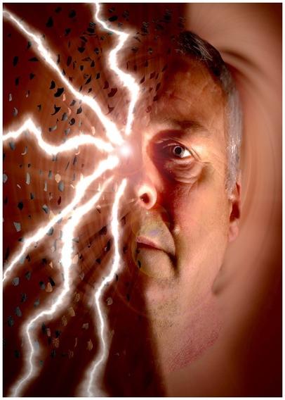 An artistic portrait of a man’s face with dramatic lighting effects, featuring lightning-like patterns and swirling textures in the background. This is indicative of severe pain caused by trigeminal neuralgia.