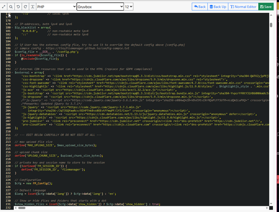 A dark theme example of the advanced text editor in Tiny File manager, showing PHP language formatting.
