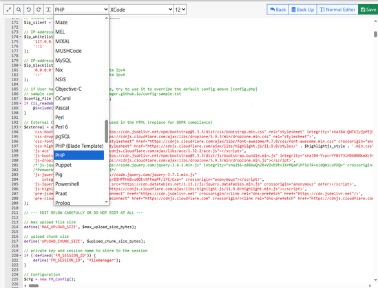 A liht theme example of the advanced text editor in Tiny File manager, showing PHP language formatting, and the dropdown for language choices.