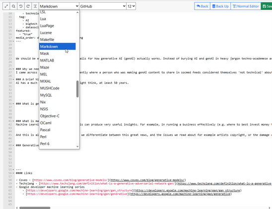 A ligh theme example of the advanced text editor in Tiny File manager, showing Markdown language formatting, Github theming, and the dropdown of language choices.