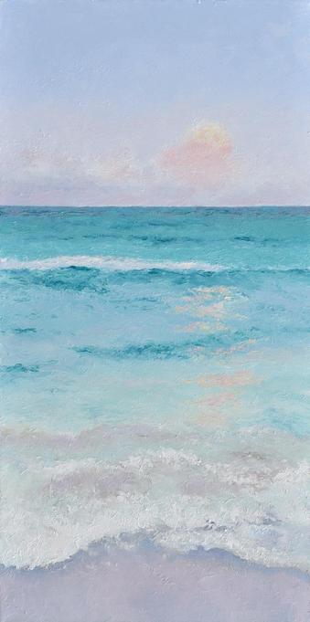 A vertical sea painting rendered with a palette knife in turquoise green oils. The apricot clouds are reflected in the calm ocean. This painting evokes a soothing ambiance, inviting viewers to immerse themselves in the captivating beauty of nature's twilight symphony.