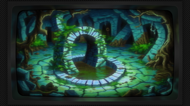 Pixel art of a subterranean heart, a chamber sculpted from the earth's slow exhale, where grey stone breathes a silent history. A circular gateway, a stone mouth framed by the arch of ages, spills forth a pool of liquid night, its surface a mirror to unseen skies. Vines, emerald serpents, embrace the weathered blocks, their tendrils weaving a tapestry of overgrowth across the keystone’s solemn brow. The floor, a mosaic of fractured memories, cradles moss and miniature forests within its cracks, while gnarled roots, the chamber’s skeletal veins, claw from the walls, a tangled embrace of stone and decay. A rusted chain, a forgotten tether to a vanished world, hangs suspended, a silent pendulum marking the passage of centuries, and a crumbling wall whispers of a lost architecture, its fragments scattered like fallen stars across the shadowed floor, all bathed in a diffused luminescence, a subterranean dawn perpetually held in twilight. The image has a CRT filter applied.