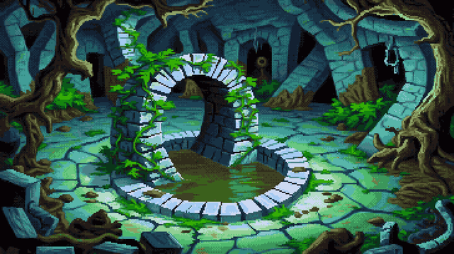 Pixel art of a subterranean heart, a chamber sculpted from the earth's slow exhale, where grey stone breathes a silent history. A circular gateway, a stone mouth framed by the arch of ages, spills forth a pool of liquid night, its surface a mirror to unseen skies. Vines, emerald serpents, embrace the weathered blocks, their tendrils weaving a tapestry of overgrowth across the keystone’s solemn brow. The floor, a mosaic of fractured memories, cradles moss and miniature forests within its cracks, while gnarled roots, the chamber’s skeletal veins, claw from the walls, a tangled embrace of stone and decay. A rusted chain, a forgotten tether to a vanished world, hangs suspended, a silent pendulum marking the passage of centuries, and a crumbling wall whispers of a lost architecture, its fragments scattered like fallen stars across the shadowed floor, all bathed in a diffused luminescence, a subterranean dawn perpetually held in twilight.