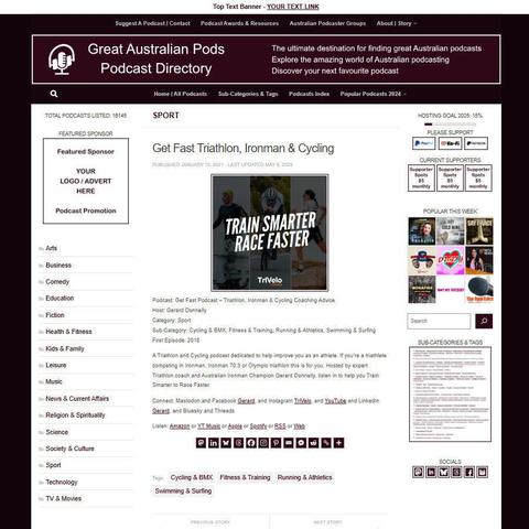 Get Fast Podcast - Triathlon, Ironman & Cycling Coaching Advice
Screenshot of the podcast listing on the Great Australian Pods website