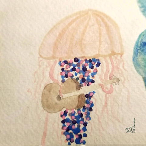 Watercolor of a pink sea jelly  playing an acoustic guitar with its tentacles.