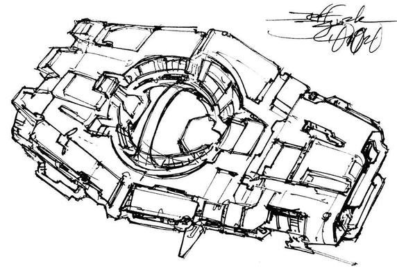 Black and white line art sketch of an imaginative sci fi spaceship. Each one is very different.