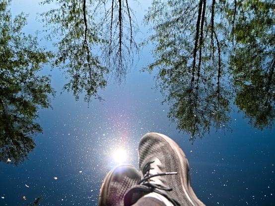 In the lower part of the picture you can see my crossed feet in black shoes. The sun is reflected in the water right on top of my left shoe. What you can't see - I'm sitting on a jetty with my legs over the water. That's why the main colour of the photo is blue and some trees are reflected in the water upside down.