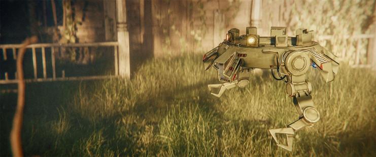 Medium shot, exterior, day -

A green, torus-shaped robot with pincer arms hovers in the tall grass in front of an abandoned and dilapidated wooden house in the forest.